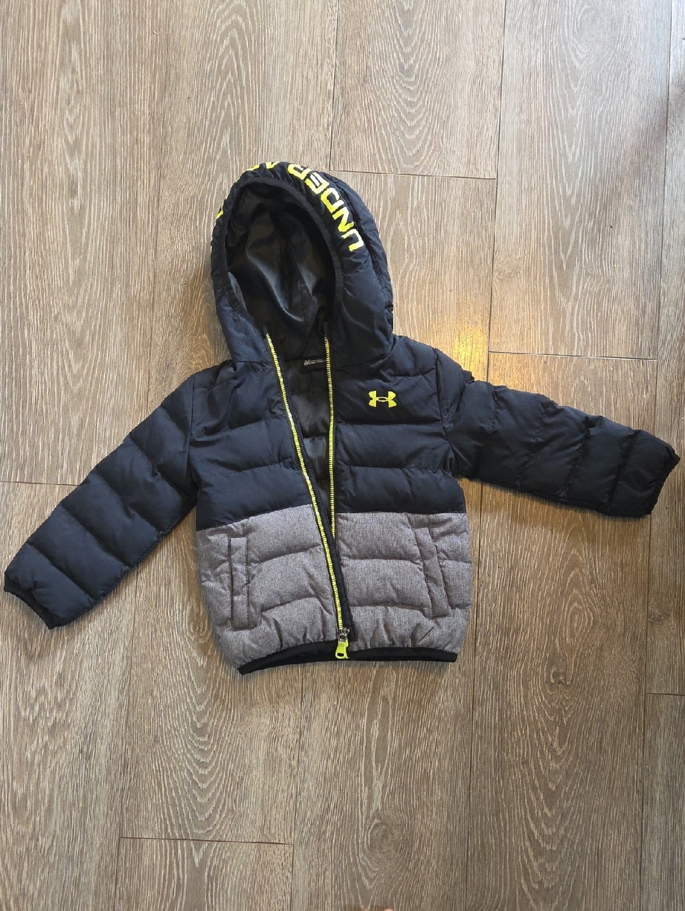 Under Armour Black and Gray Puffer Jacket with Yellow Accents